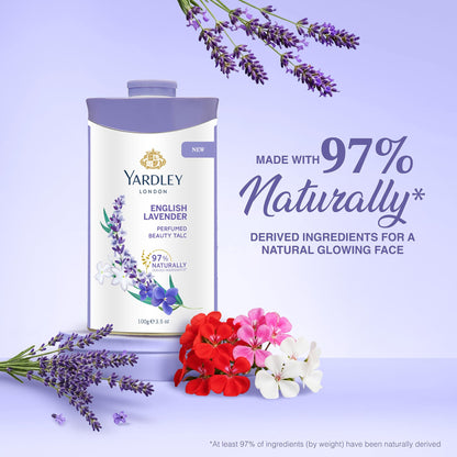 Authentic Yardley London body powder with therapeutic lavender oil fragrance notes