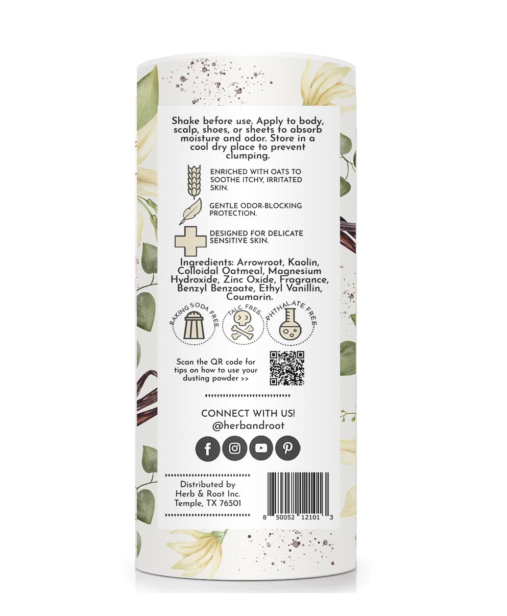 Herb and Root natural vanilla scented talc free body powder bottle showing texture