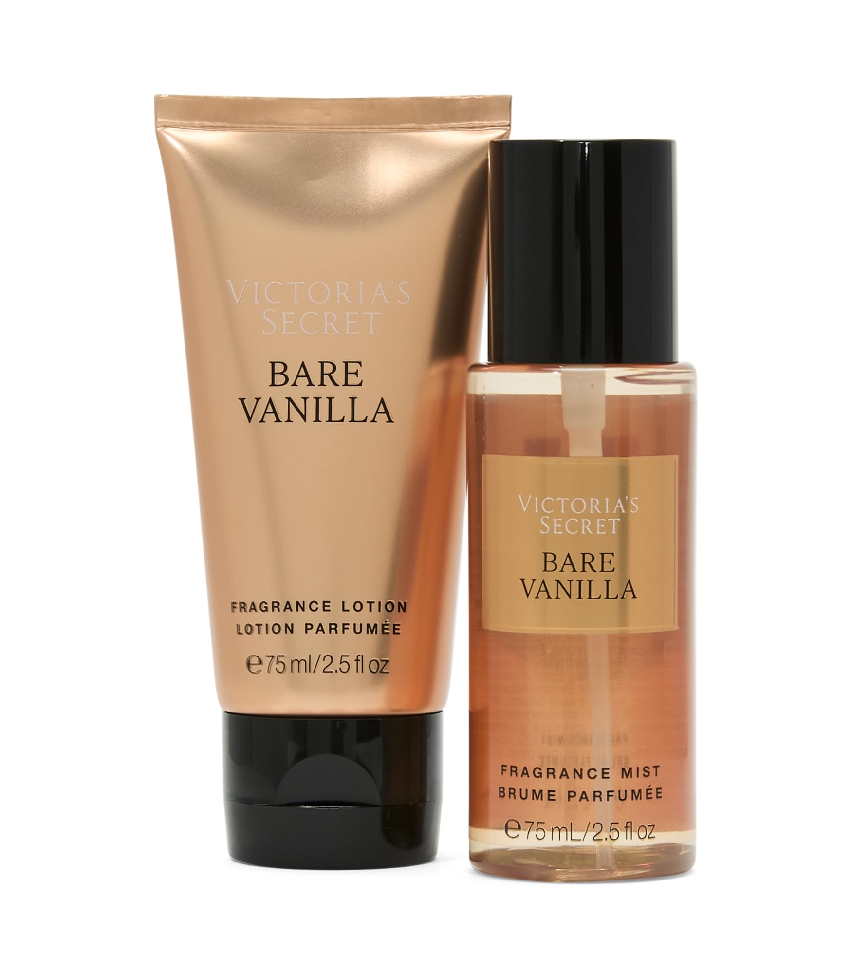Victoria's Secret Bare Vanilla travel duo highlighting seventy five milliliter whipped vanilla and soft cashmere body care.