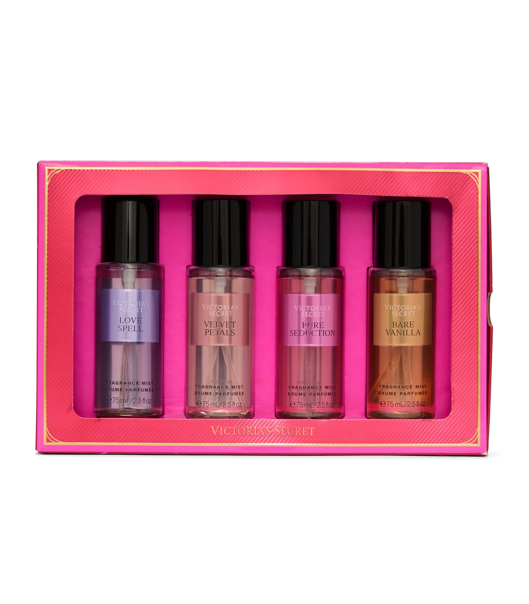 Victoria's Secret travel size body spray set showcasing four mini bottles sorted side by side