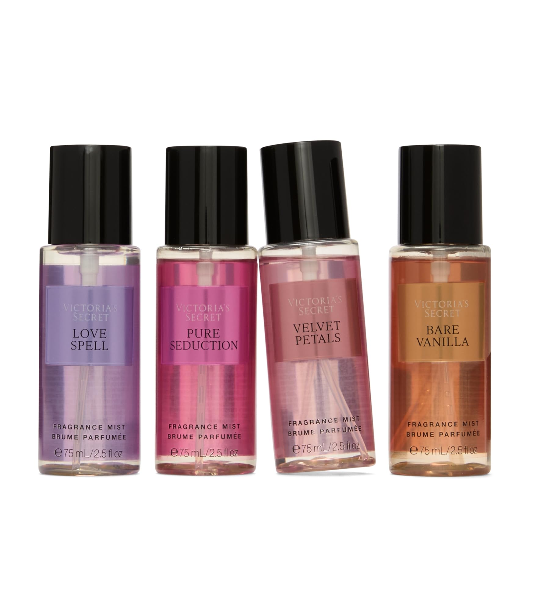 Love Spell and Pure Seduction seventy five milliliter bottles from the fine fragrance sampler