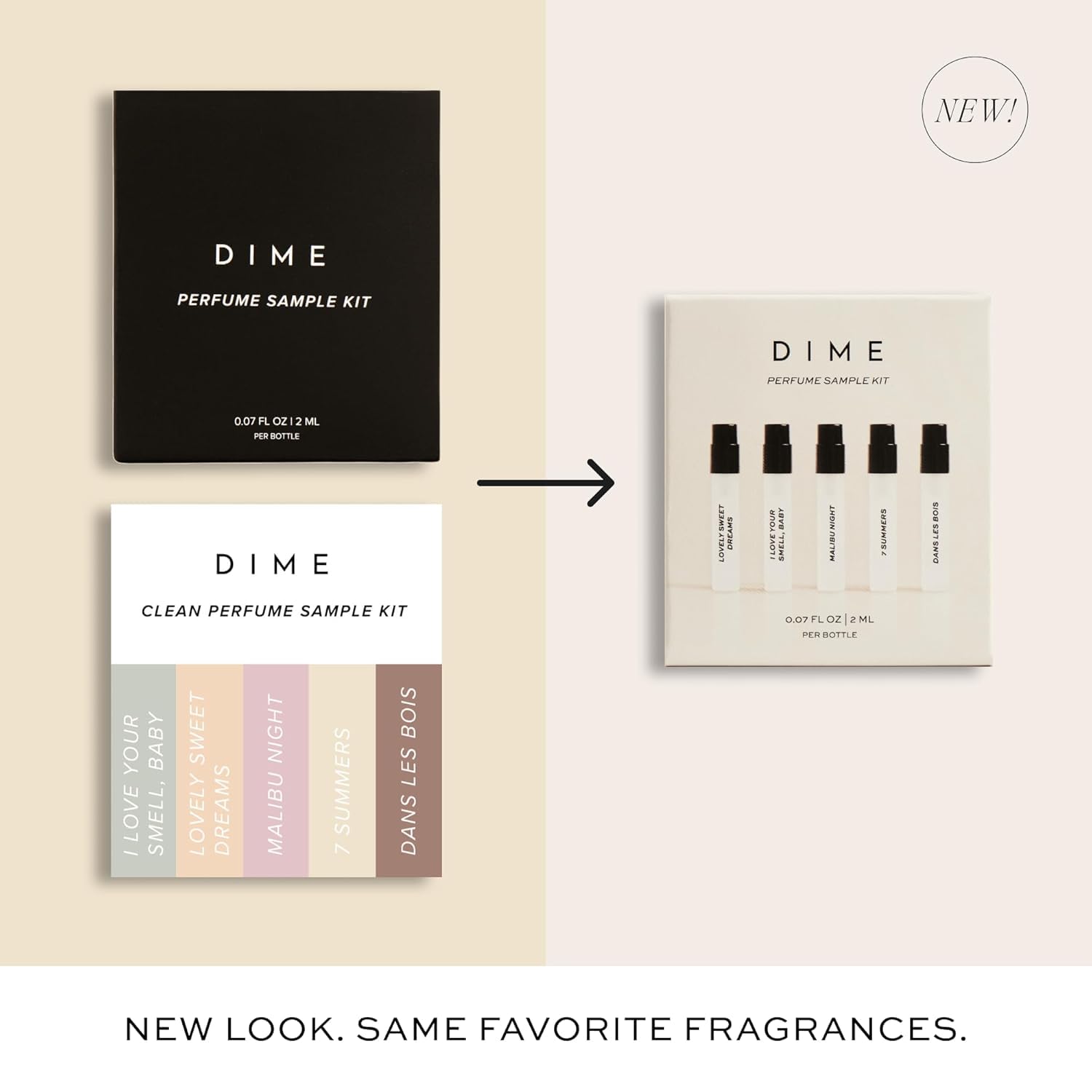 Five individual 2ml Dime Beauty fragrance vials