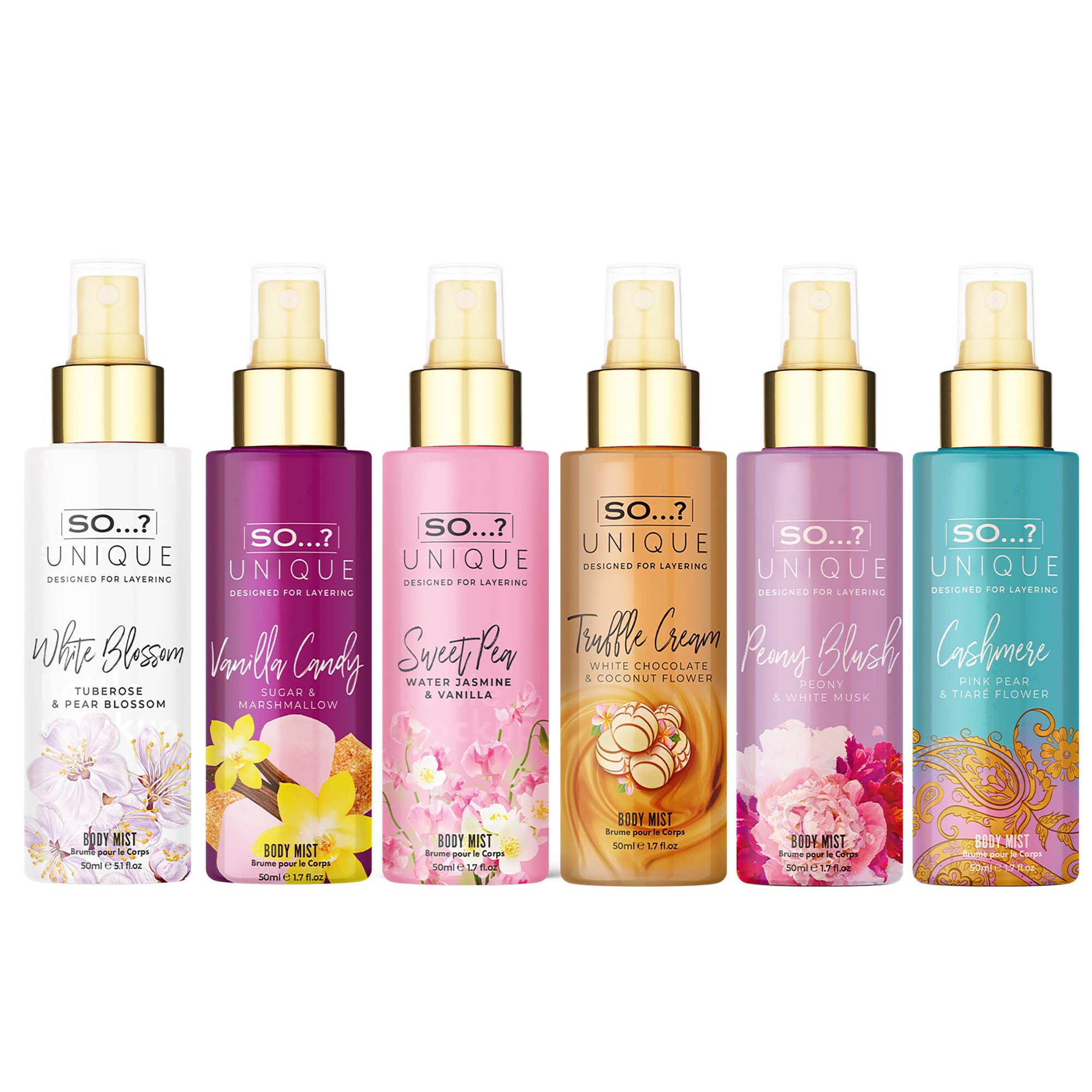 Close up of the individual fifty milliliter women body spray bottles highlighting the vanilla candy and truffle cream variants