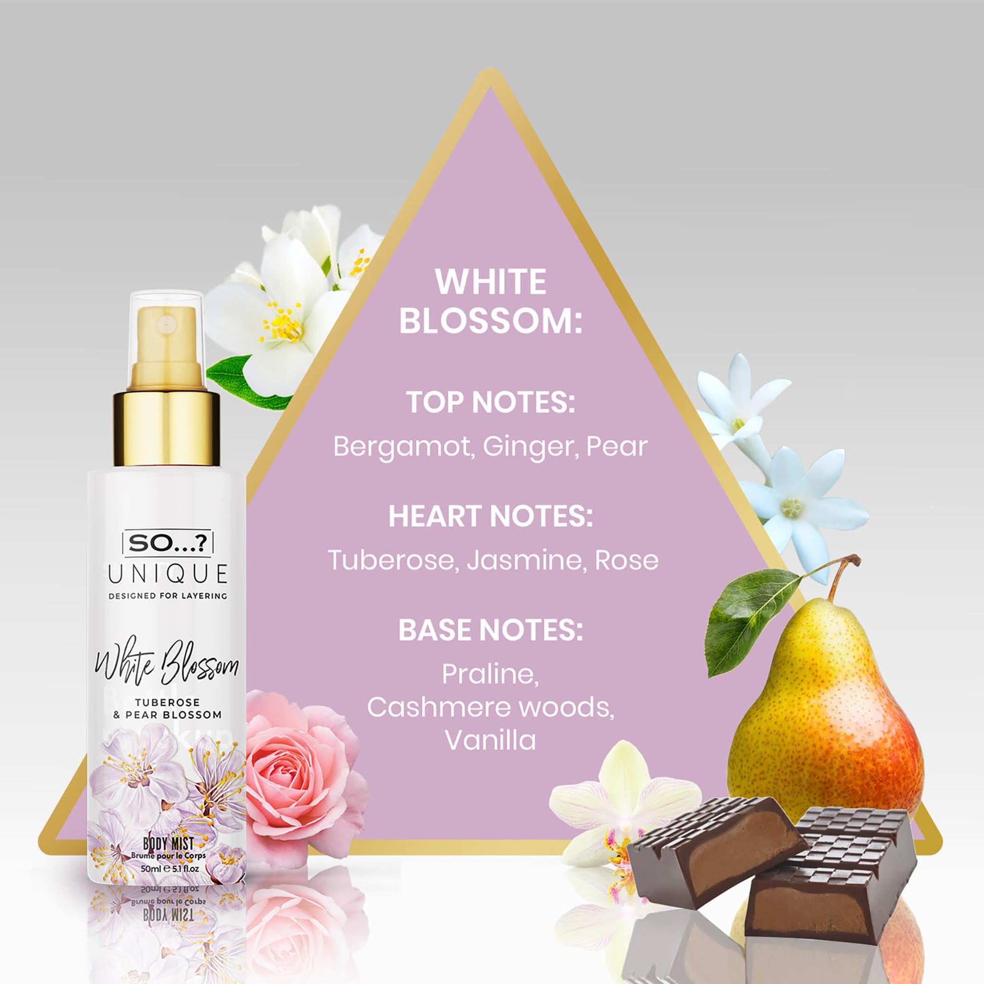 So Unique collection displaying the white blossom and peony blush body mists unboxed on a clean vanity surface
