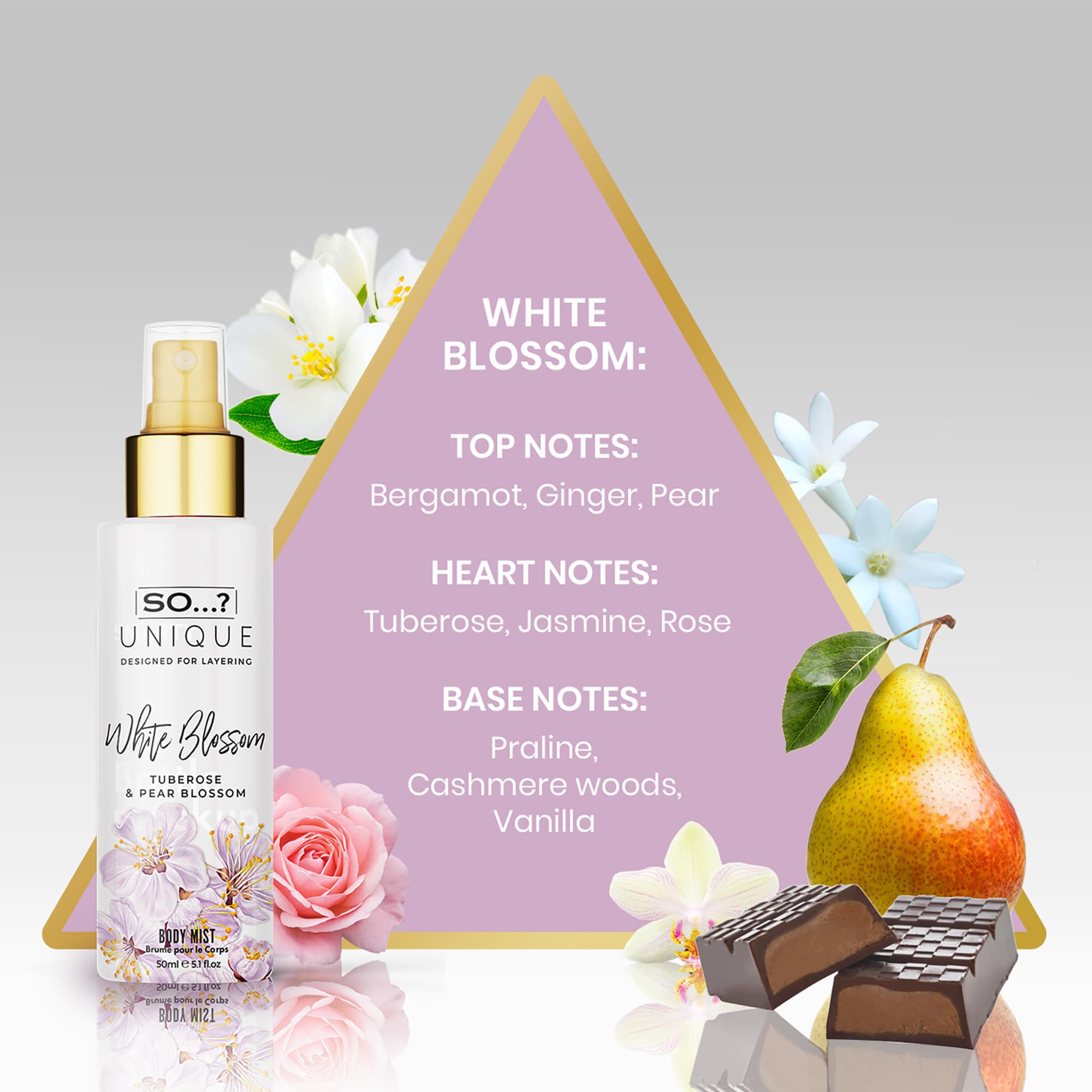 So Unique collection displaying the white blossom and peony blush body mists unboxed on a clean vanity surface