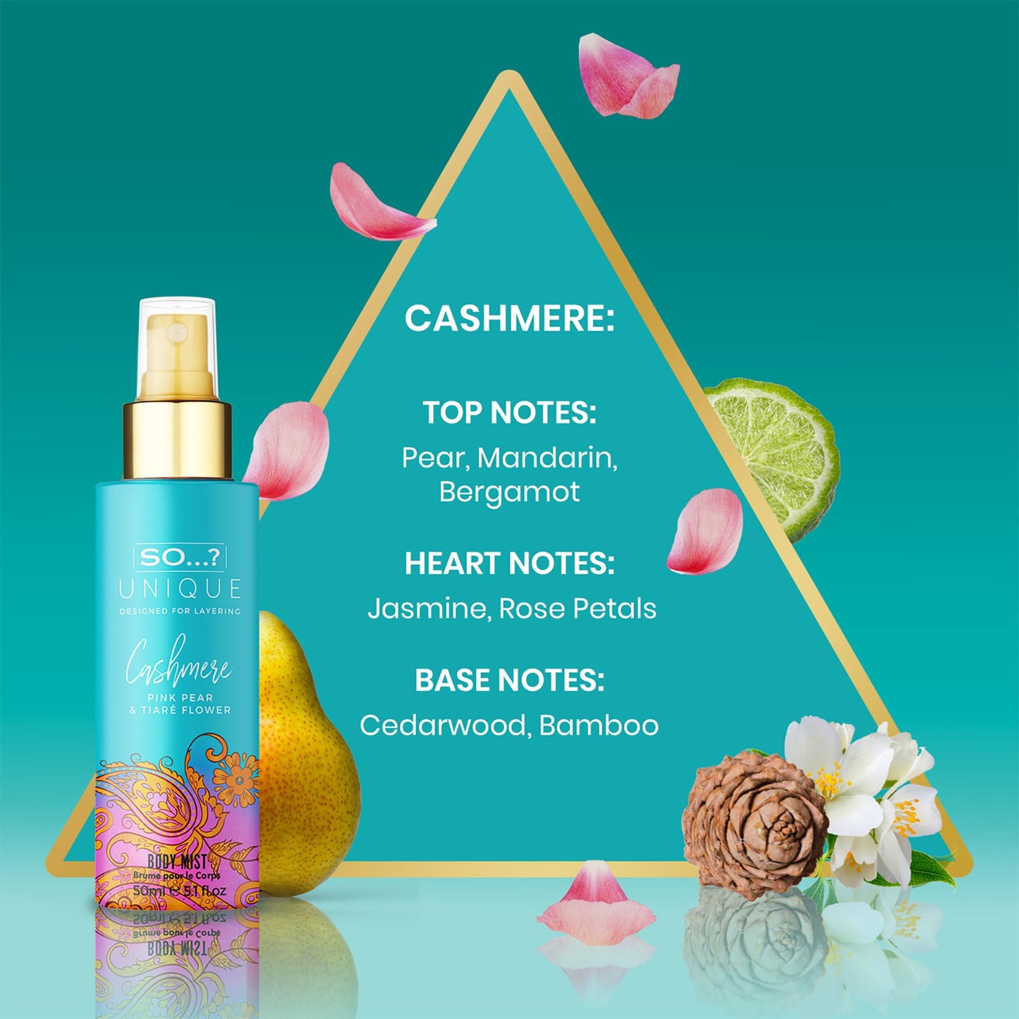 Layering demonstration showing two different floral and sweet body spray bottles being misted together
