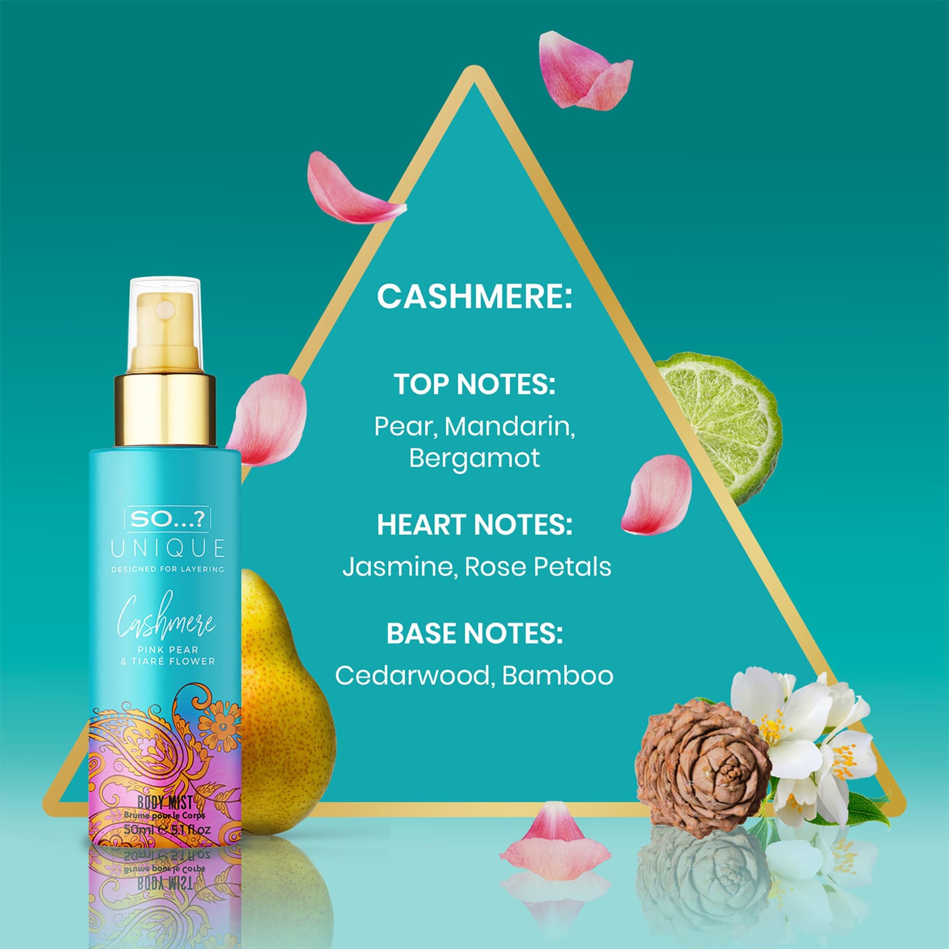 Layering demonstration showing two different floral and sweet body spray bottles being misted together