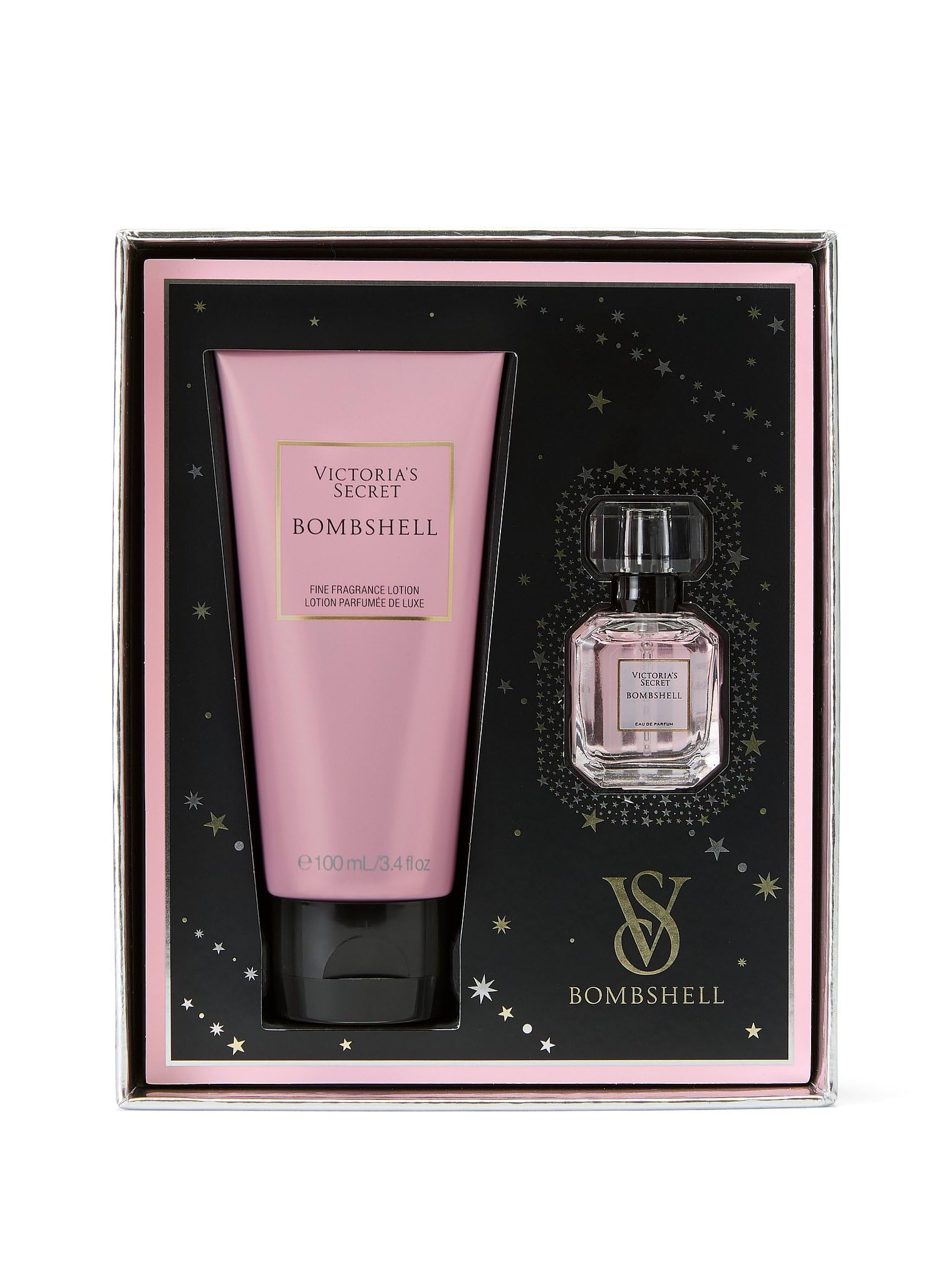 Authentic Victoria's Secret Bombshell perfume gift box with gold star accents opened to reveal contents