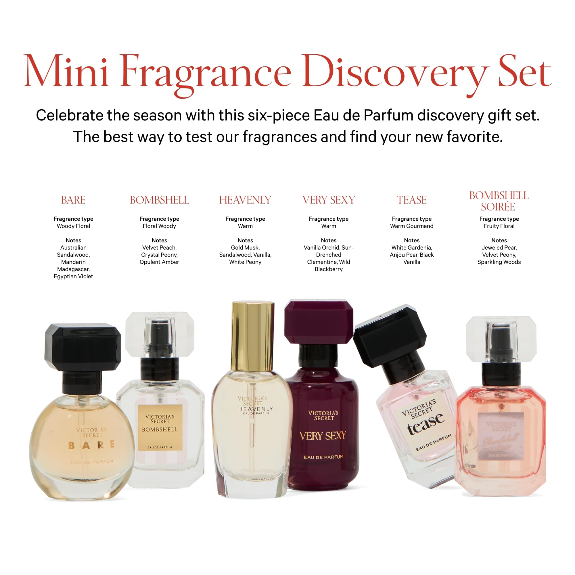 Six miniature Victoria's Secret perfume bottles in gold box