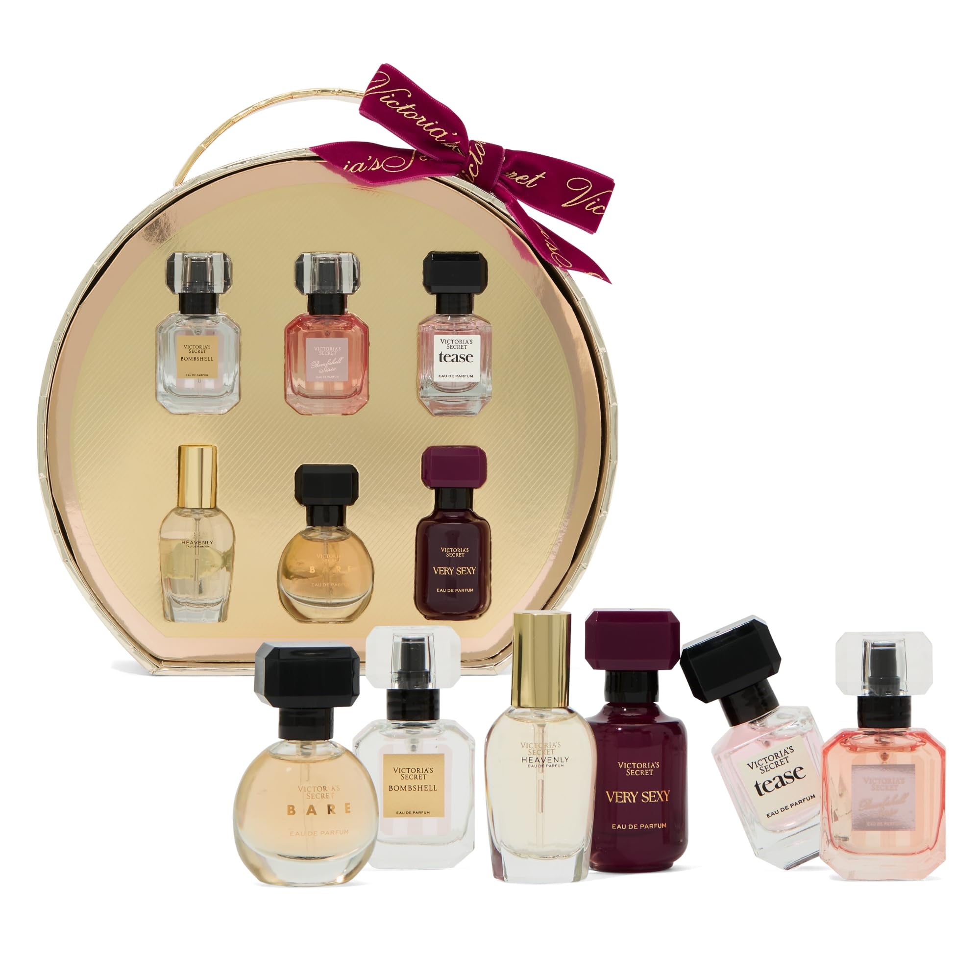 Close up of Victoria's Secret Bombshell and Tease mini perfumes