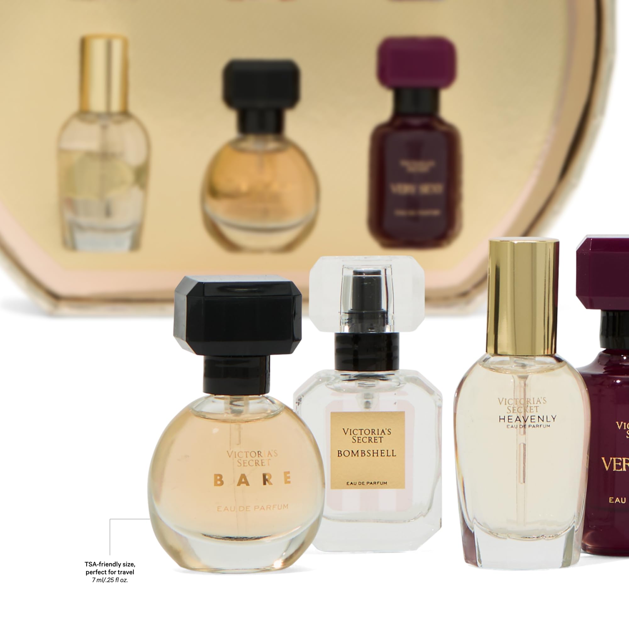 Top view of Victoria's Secret discovery set with six fragrance bottles