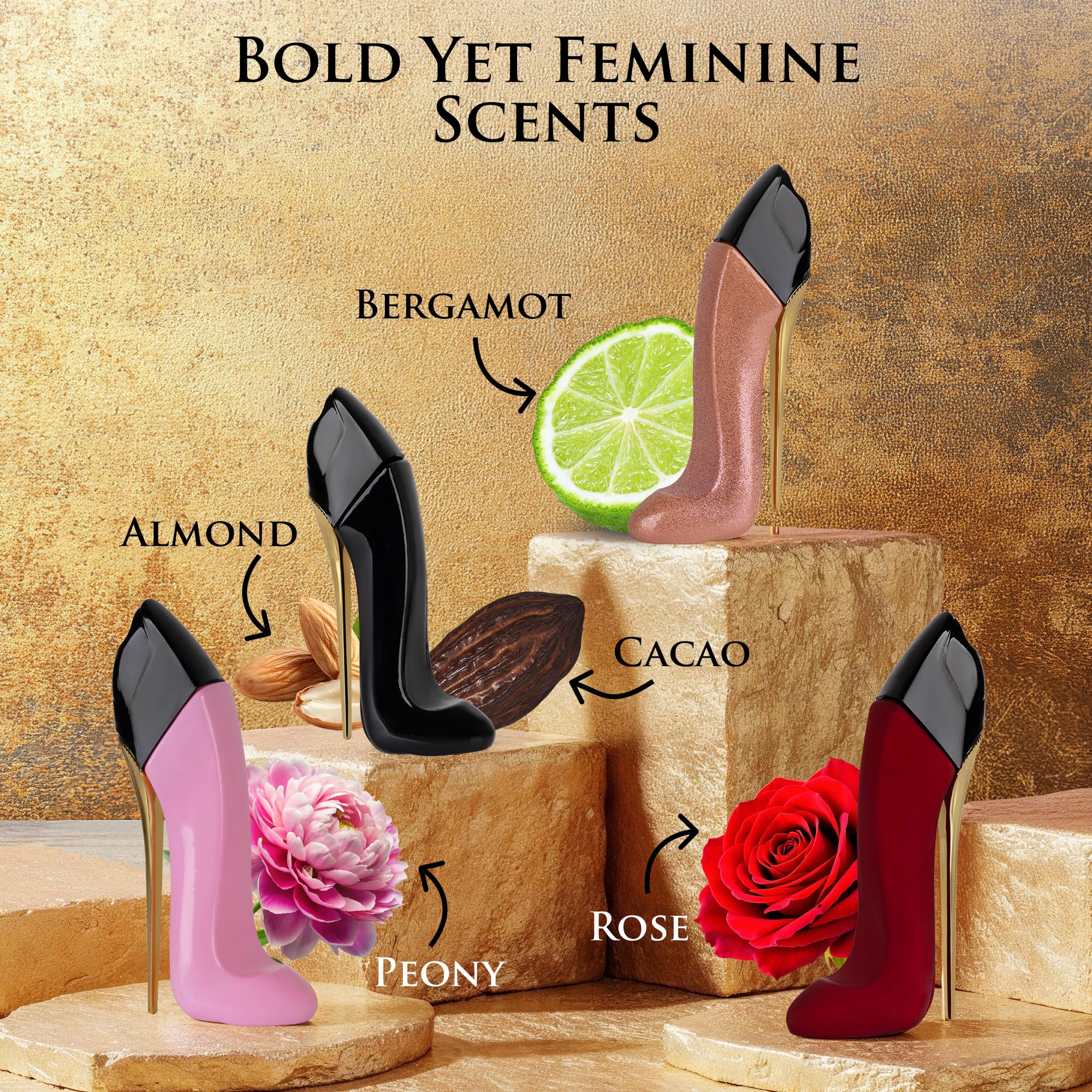 Four high-heel shaped perfume bottles from Urban Collection