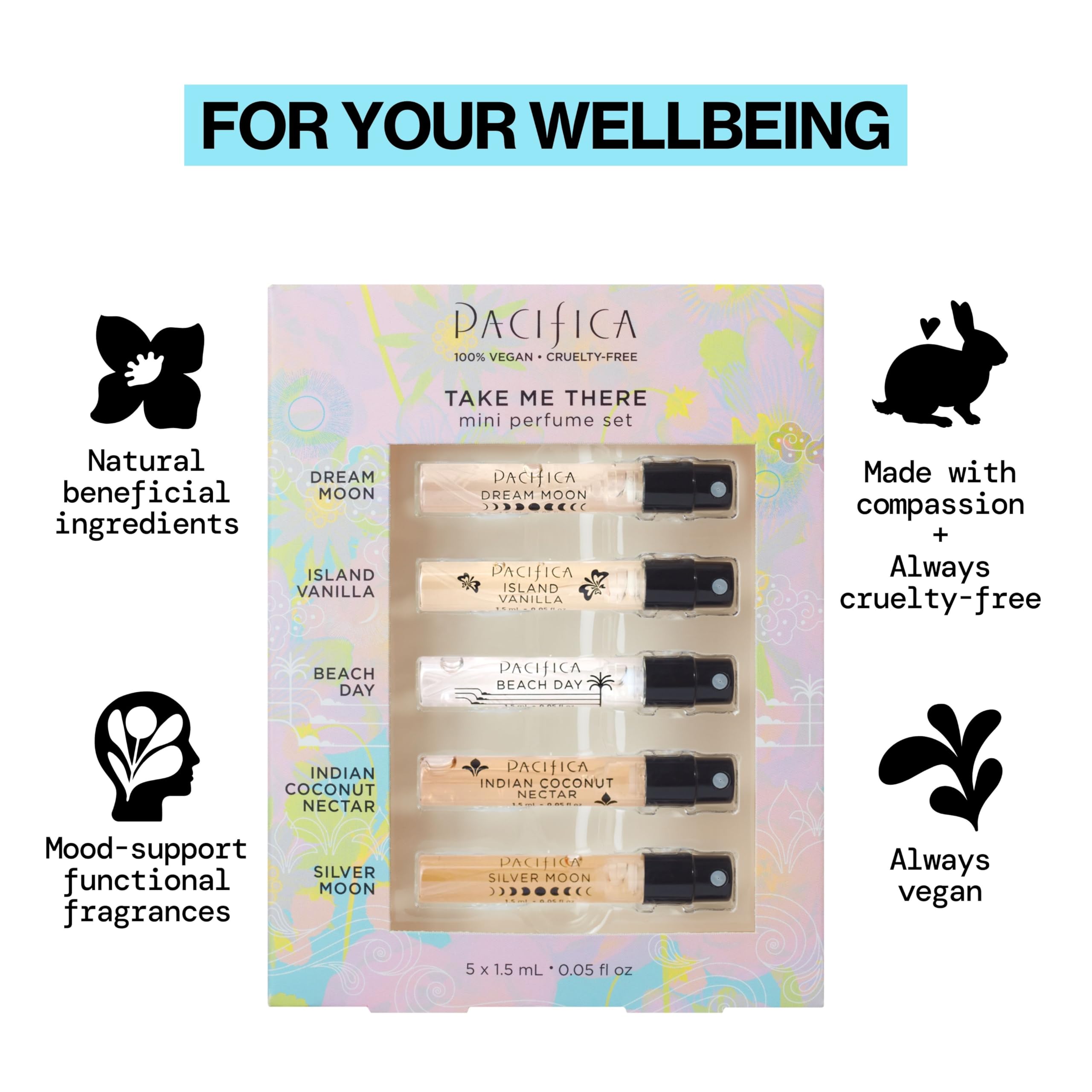 Pacifica travel perfume sampler box showcasing the five miniature glass fragrance vials.