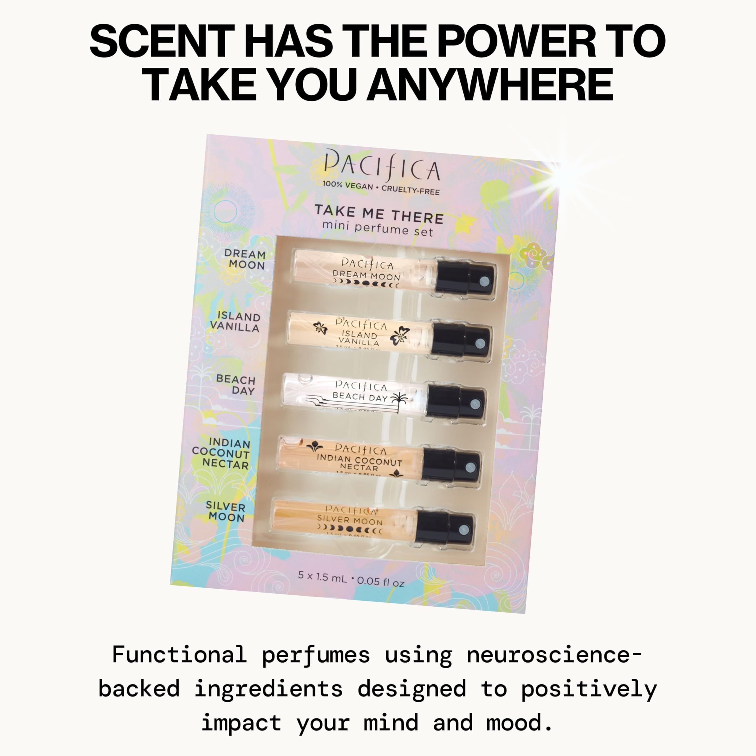 Dream Moon and Island Vanilla mini spray perfumes arranged on a clean vanity surface.