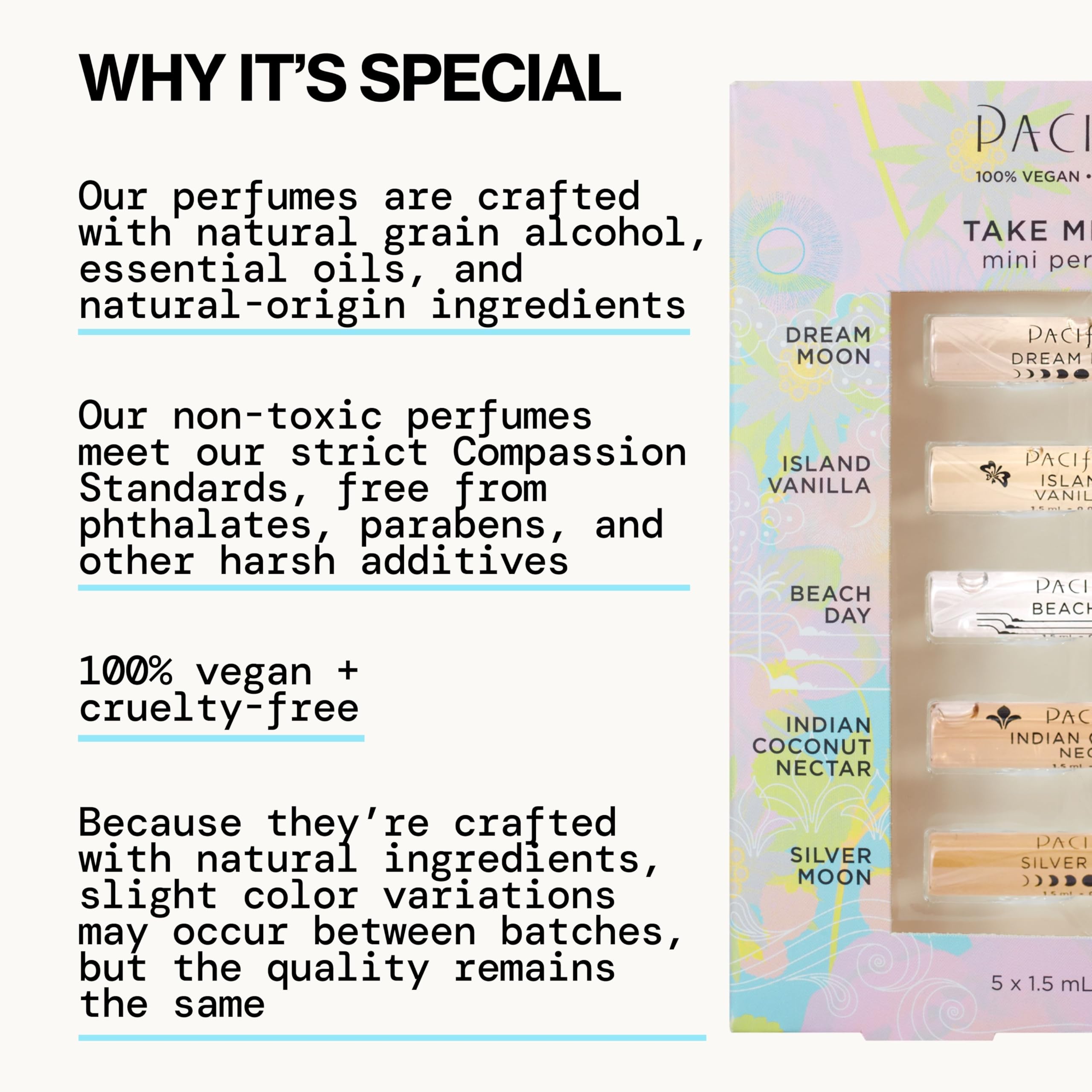 Silver Moon and Indian Coconut Nectar vegan fragrances showing the travel-friendly sizing.