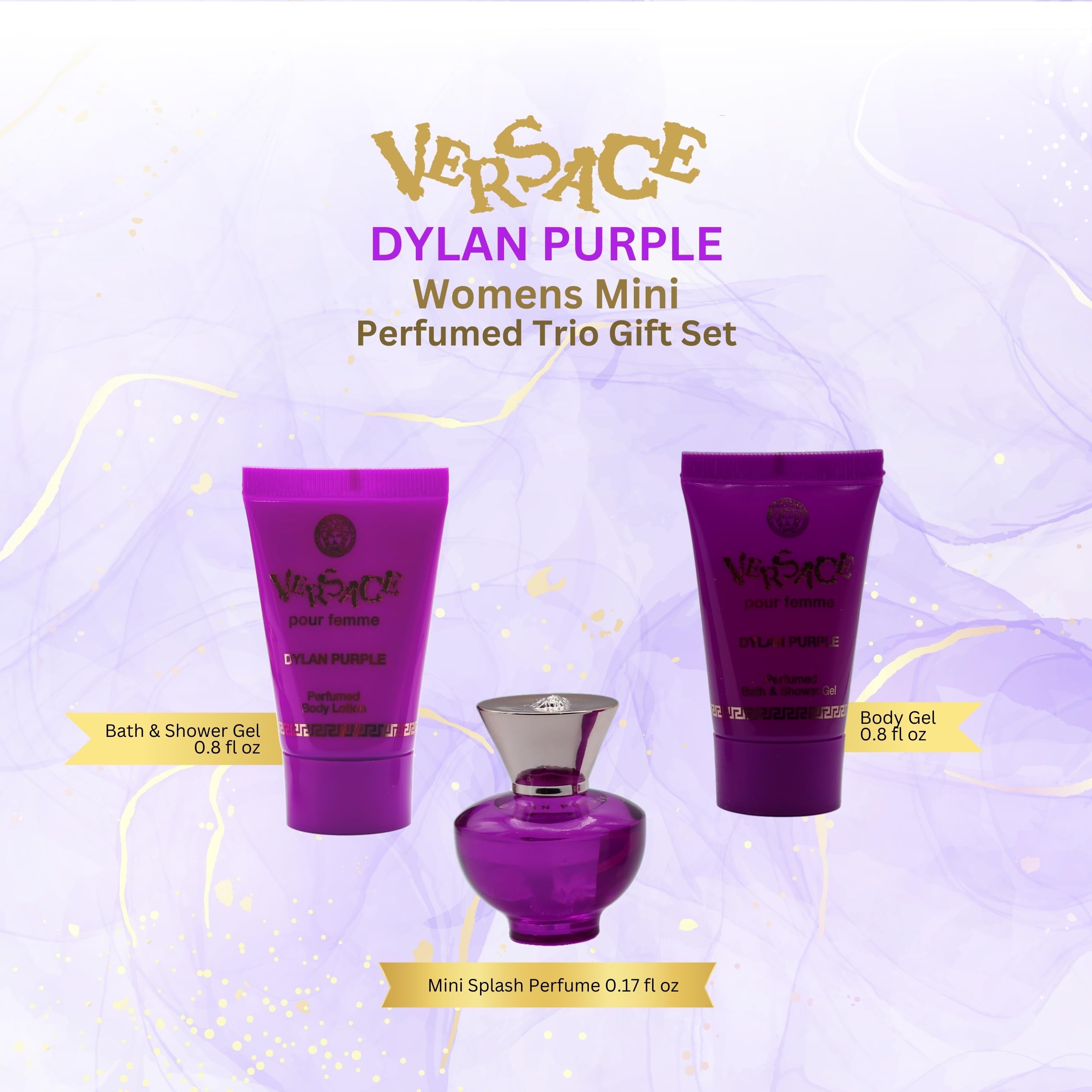 Versace luxury fragrance gift set packaging box and three mini bottles packaging
