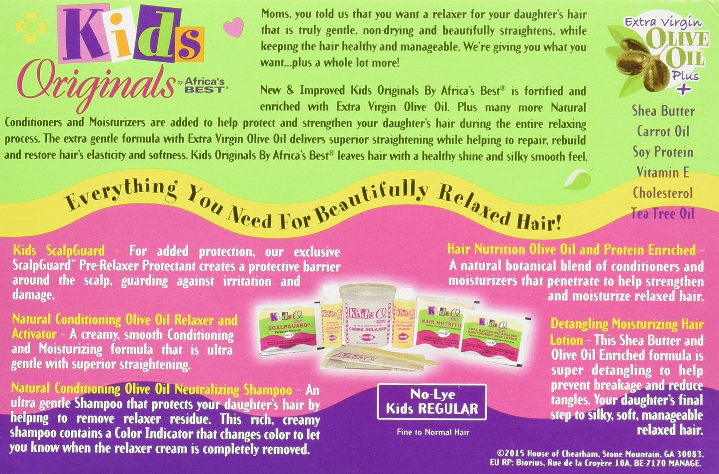 Back view of the Africa's Best kids relaxer system box showing ingredients