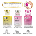 Three luxury versace mini splash perfumes lined up on a reflective surface