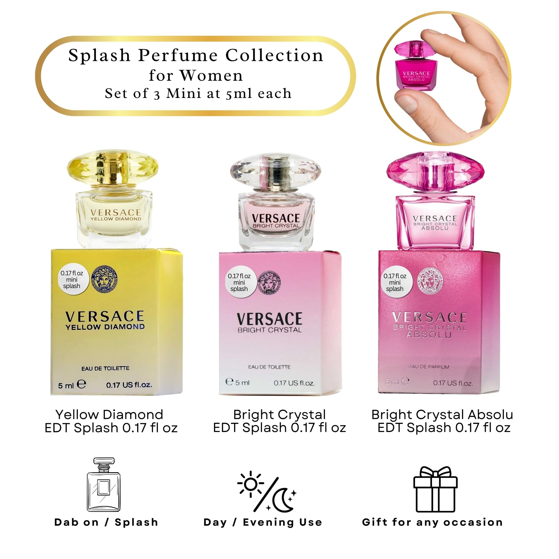 Three luxury versace mini splash perfumes lined up on a reflective surface