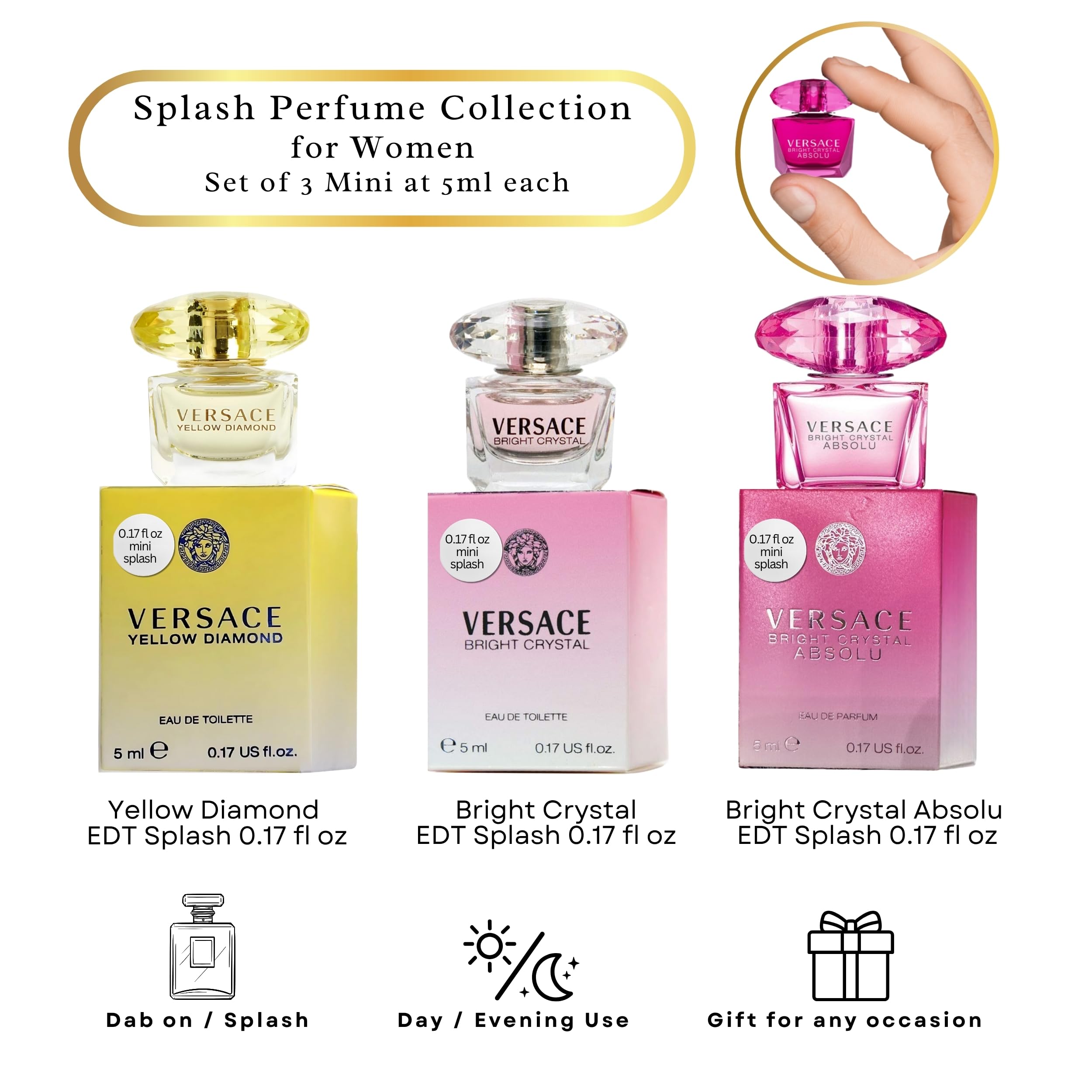Three luxury versace mini splash perfumes lined up on a reflective surface