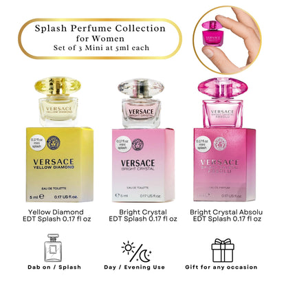 Three luxury versace mini splash perfumes lined up on a reflective surface