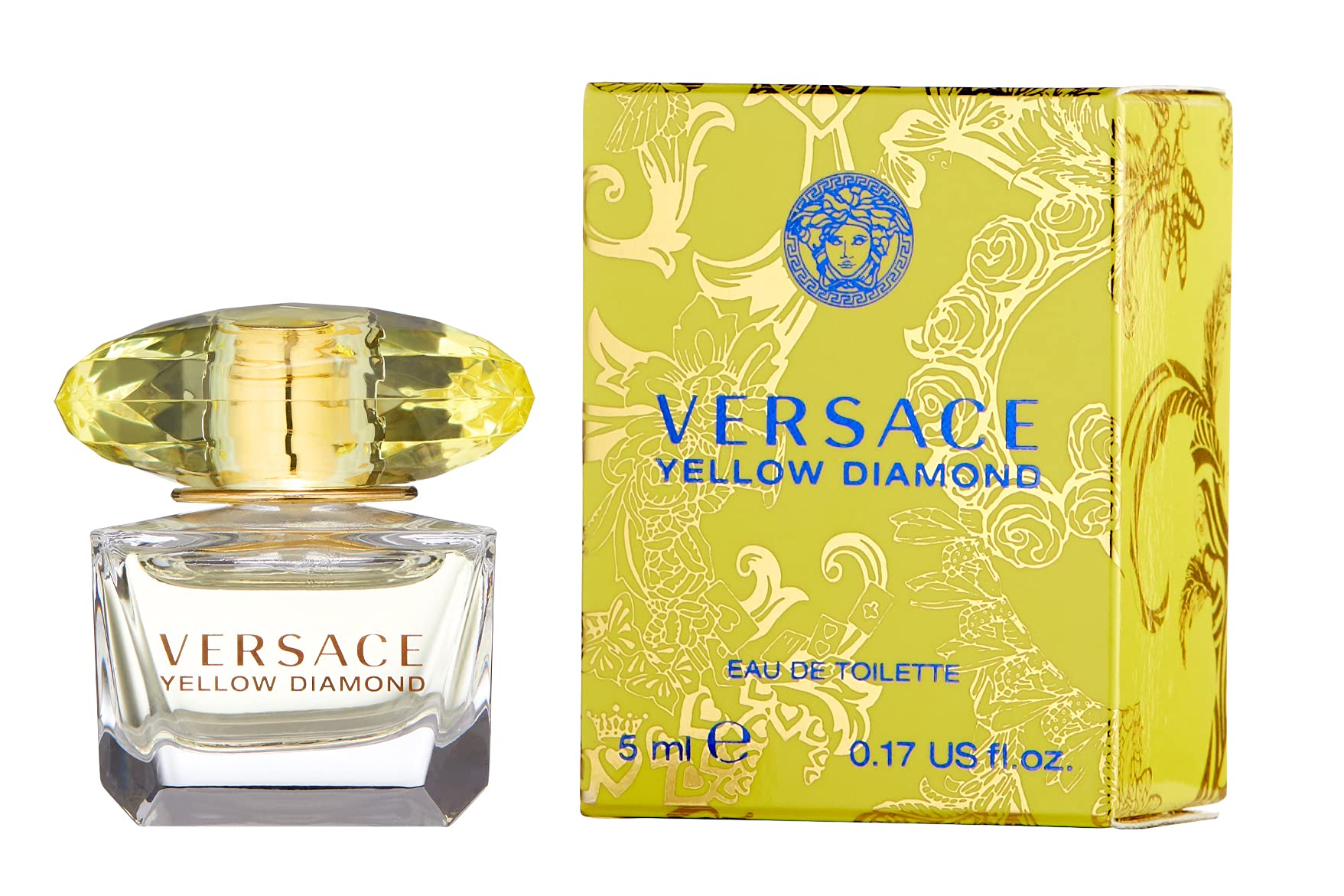 Versace Yellow Diamond 0.17 Fluid Ounce bottle next to its signature yellow retail packaging box