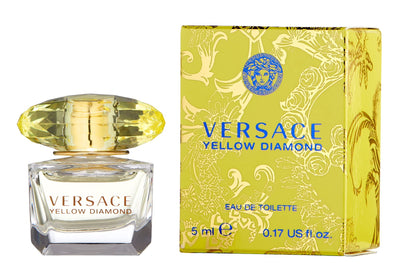 Versace Yellow Diamond 0.17 Fluid Ounce bottle next to its signature yellow retail packaging box