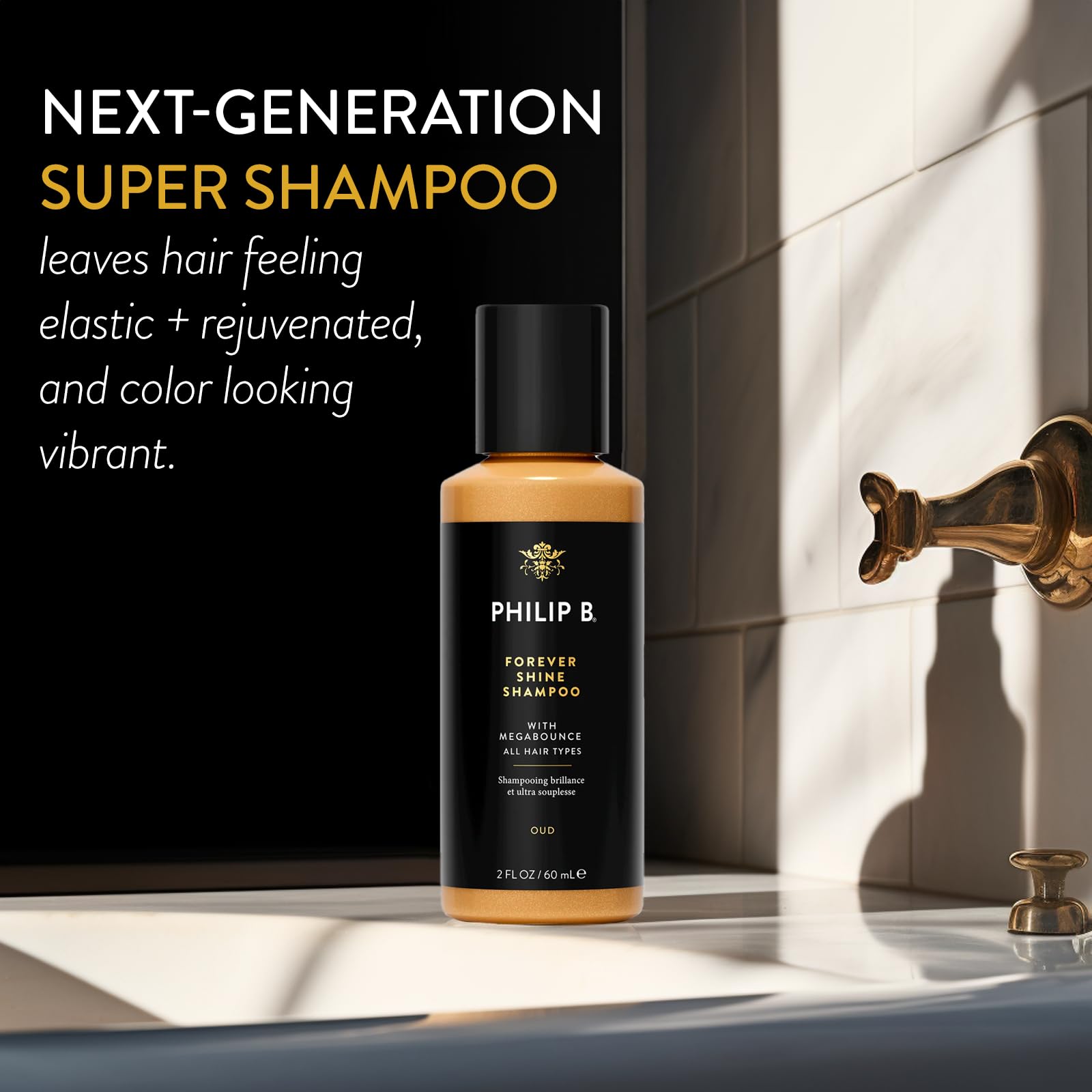 Philip B Forever Shine Oud Shampoo bottle showing product texture and premium branding