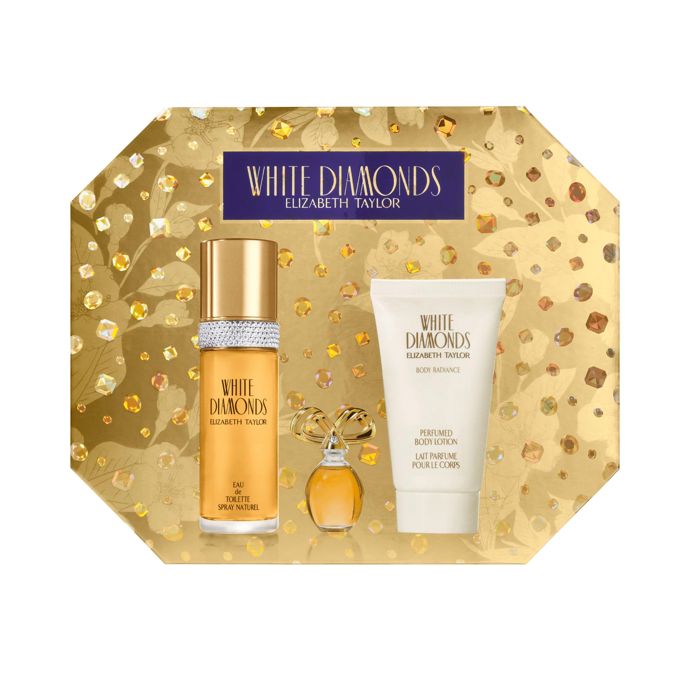 Elizabeth Taylor White Diamonds Eau de Toilette spray bottle showing the iconic crystal embellished band details
