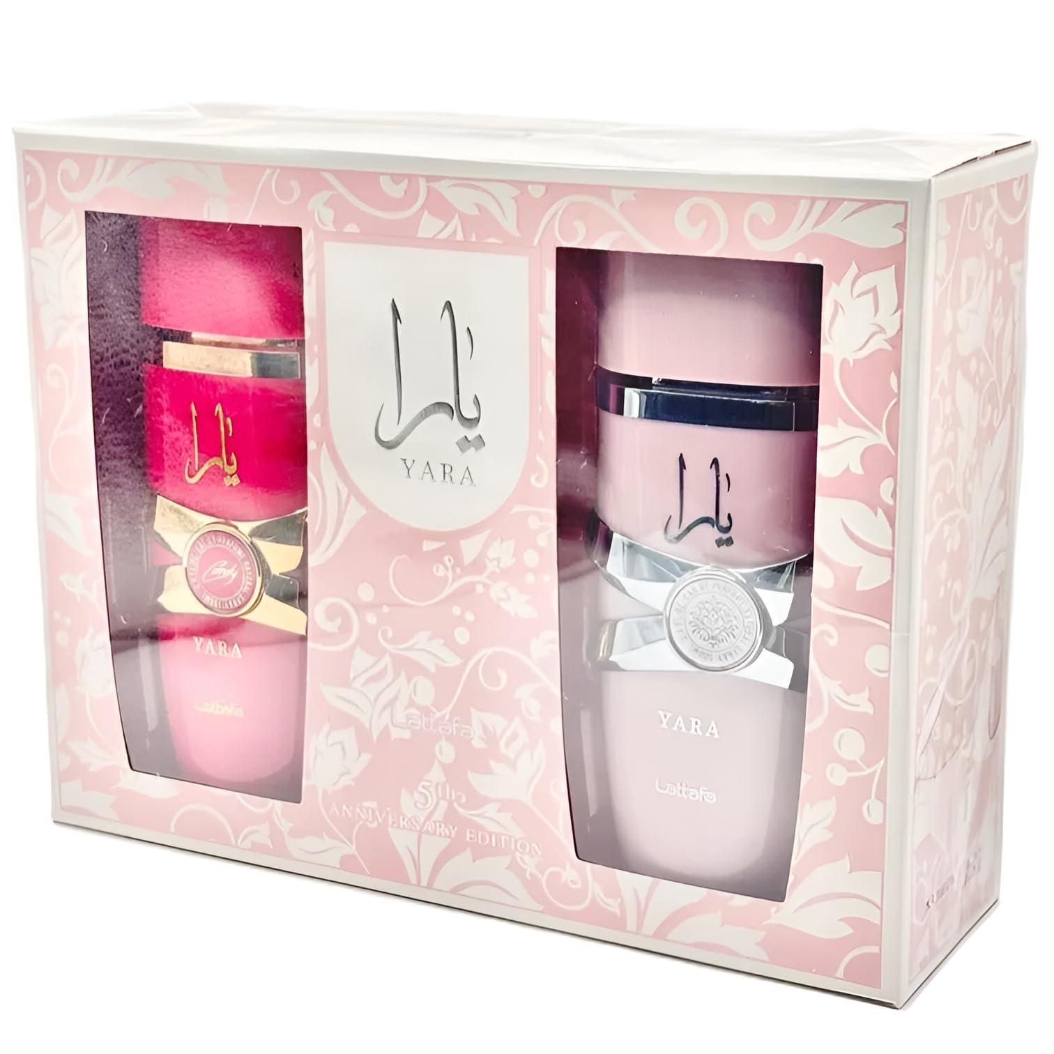 Lattafa two piece fragrance set for women showing the detailed anniversary box