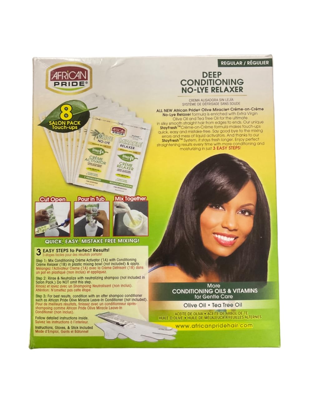 African Pride Olive Miracle regular strength conditioning hair straightener box displaying eight count touch up application contents.