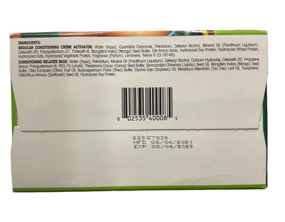 Authentic USA imported African Pride deep conditioning cream relaxer kit with olive oil and shea butter formulation details.