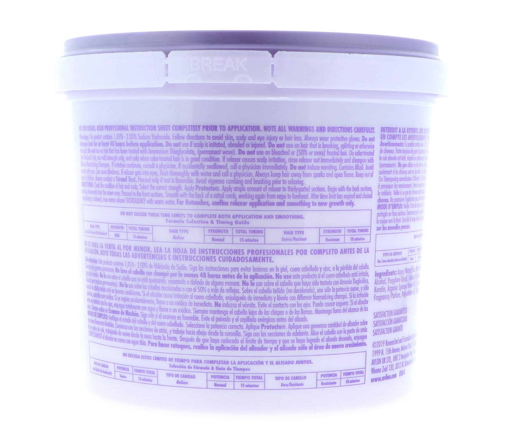 Avlon conditioning hair straightener four pound tub showing product label details