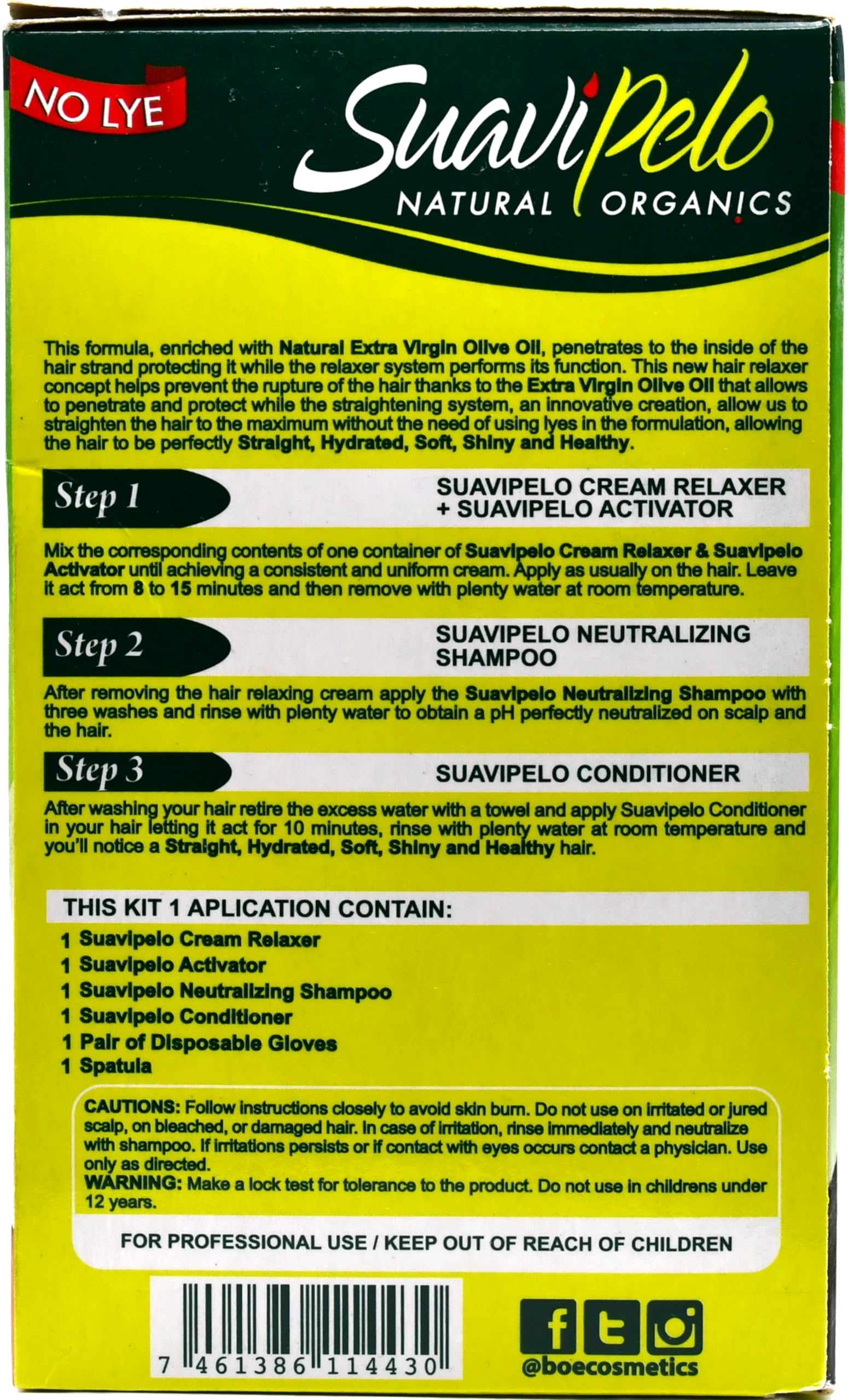 Suavipelo natural organics hair relaxer system package with olive oil conditioning benefits.