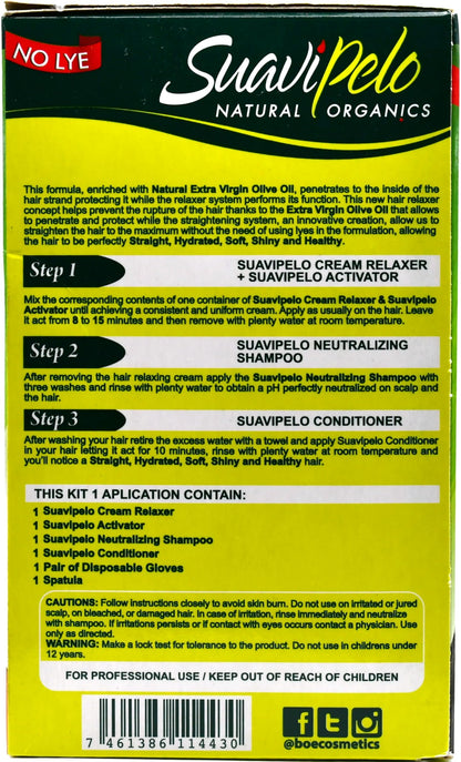 Suavipelo natural organics hair relaxer system package with olive oil conditioning benefits.