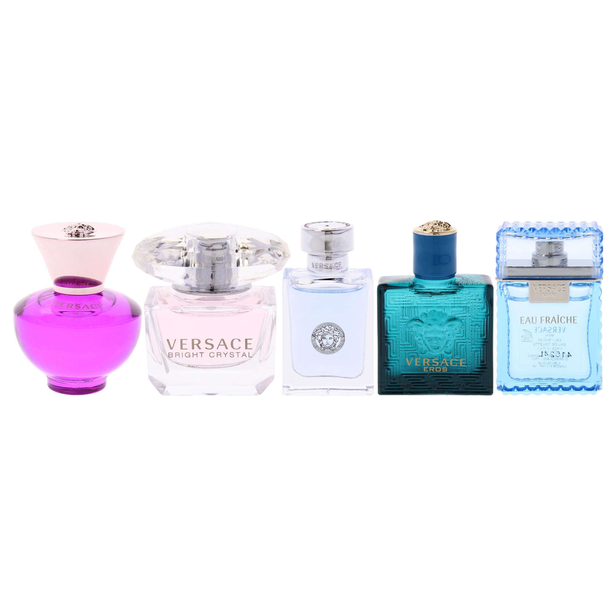 Versace miniature luxury fragrance selection including Eros and Bright Crystal splash vials