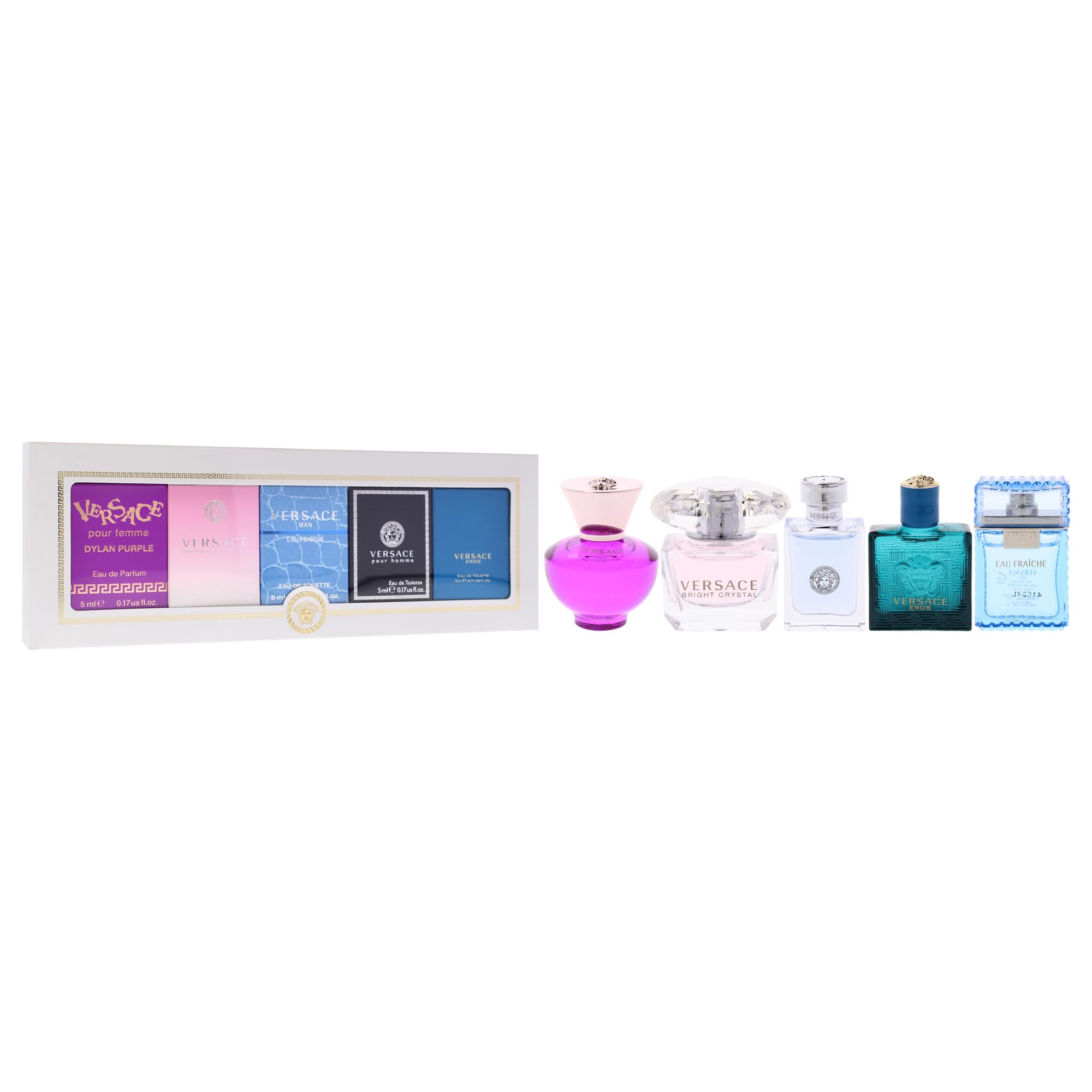 Travel size Versace variety perfume collection gift packaging and 5 milliliter collector bottles