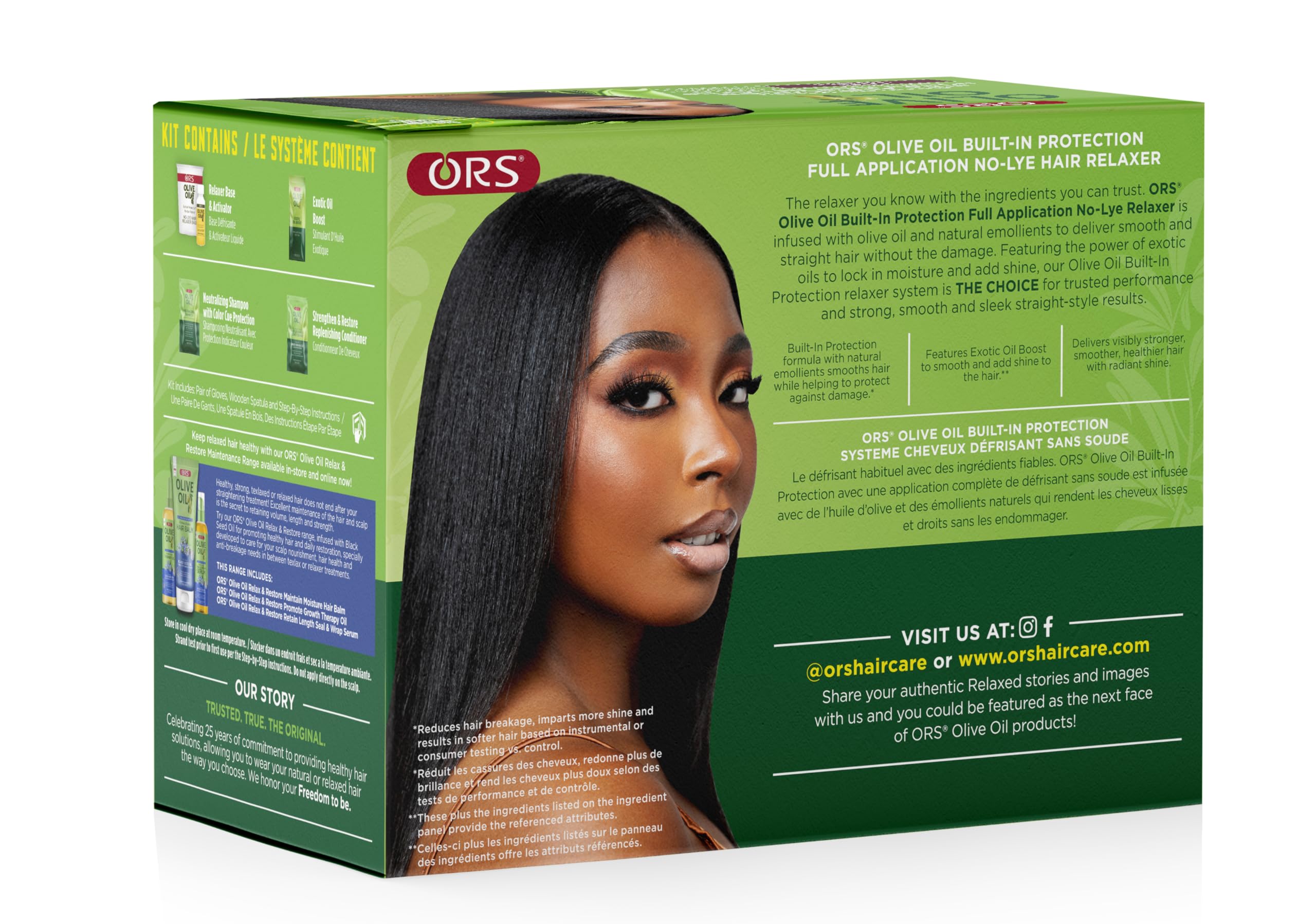 Side angle shot of the ORS Olive Oil No-Lye Hair Relaxer Extra Strength kit displaying the imported USA packaging and ingredients list.