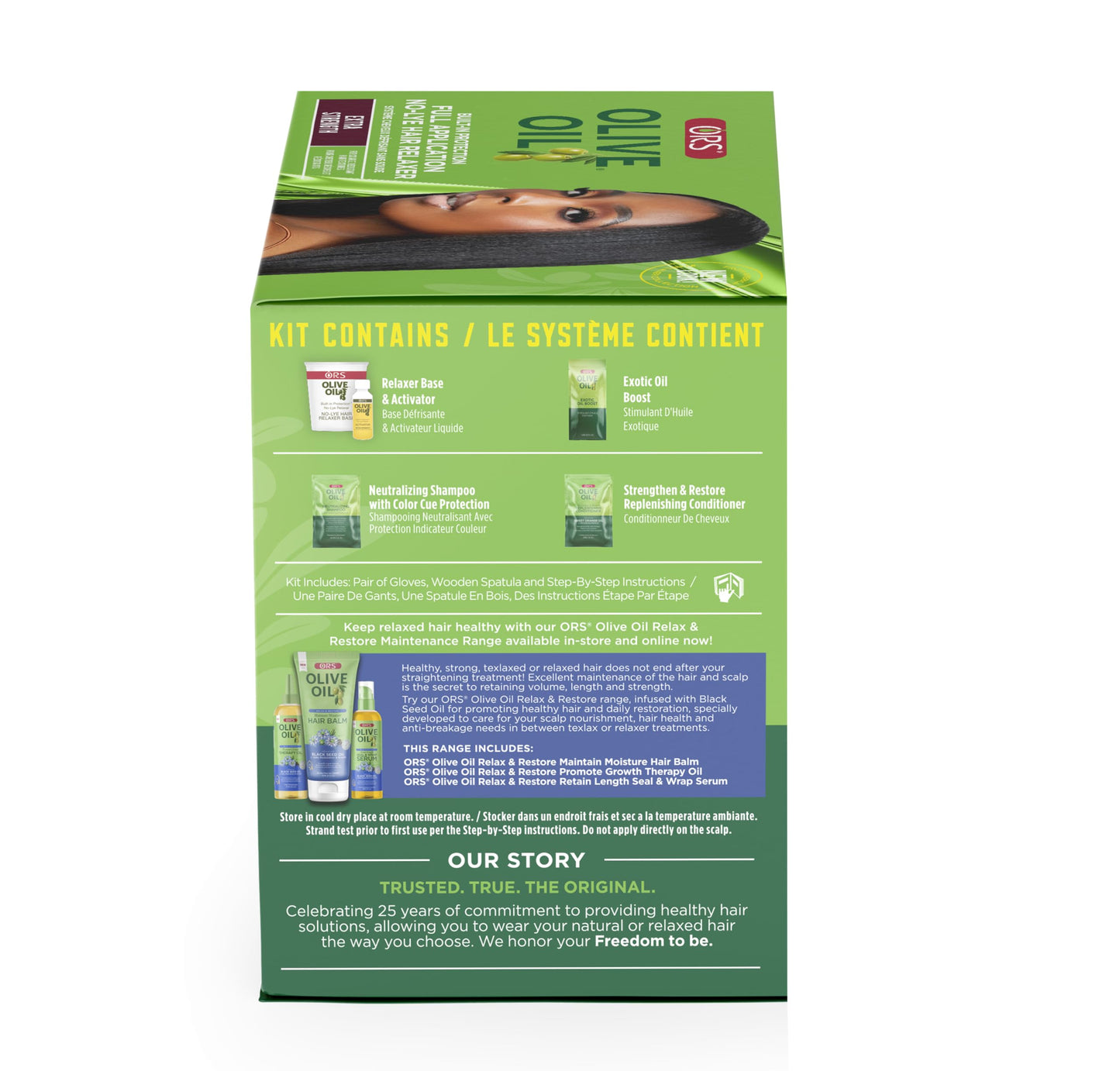 Close up of the ORS Olive Oil Full Application Hair Relaxer box highlighting the extra strength formula enriched with shea butter and pequi oil.