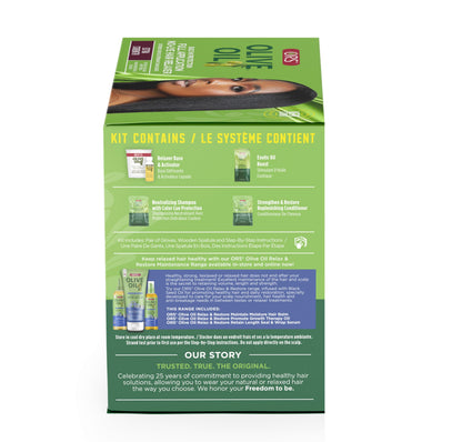 Close up of the ORS Olive Oil Full Application Hair Relaxer box highlighting the extra strength formula enriched with shea butter and pequi oil.