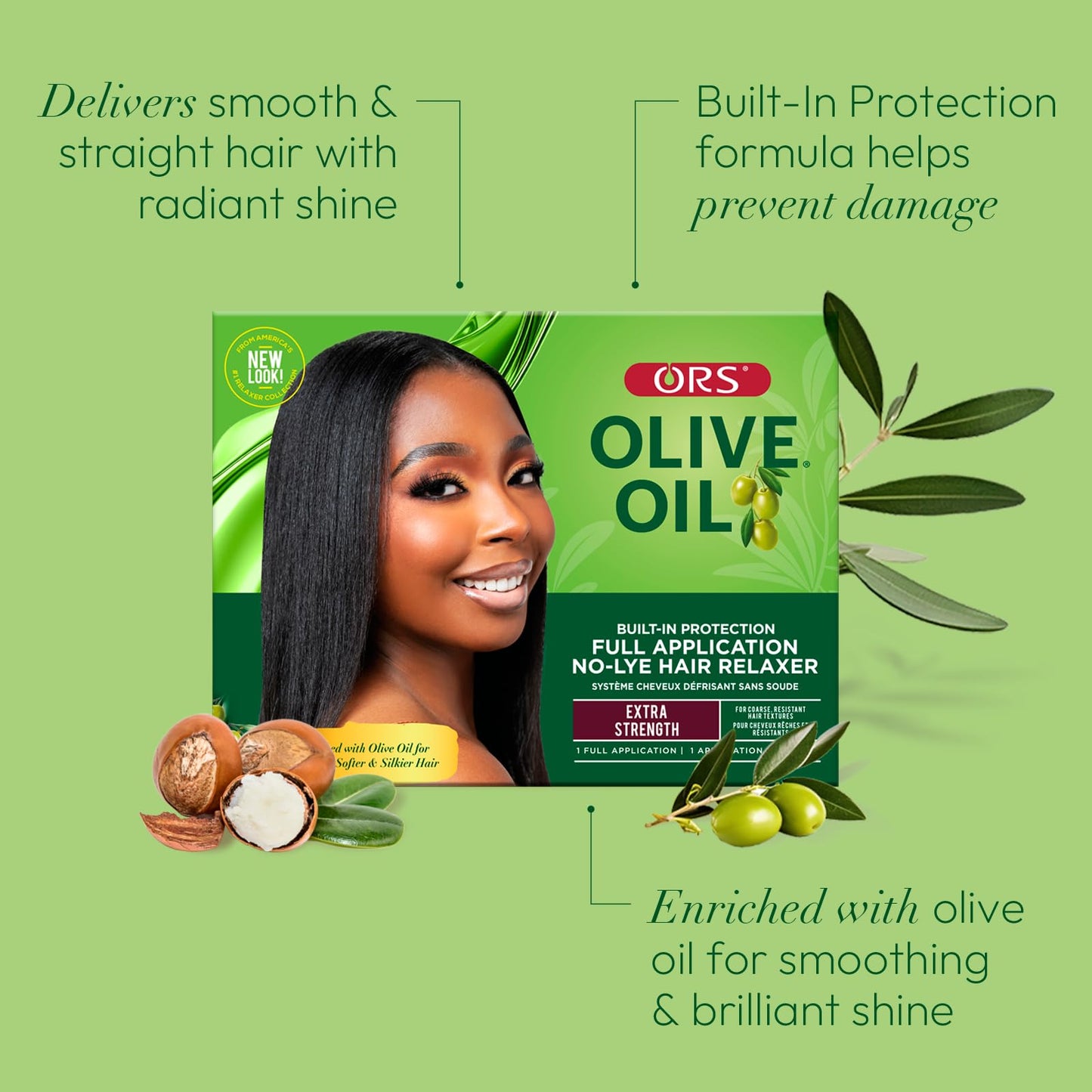 Top down perspective of the four individual packs included in the ORS Olive Oil Built-In Protection No-Lye Relaxer set.