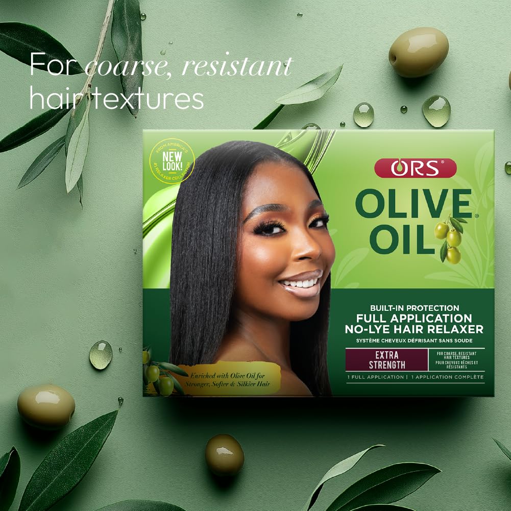 Unboxing view of the ORS No-Lye Hair Relaxer system revealing the included components for a safe at-home chemical straightening application.