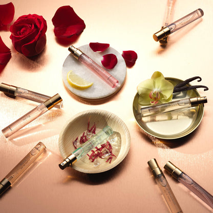 Lovery perfume discovery sampler set arranged neatly inside the premium gold toned gift packaging