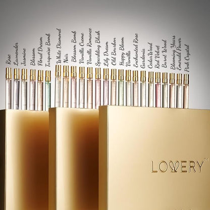 Side view of Lovery travel size women perfumes highlighting the sleek spray applicators and glass design