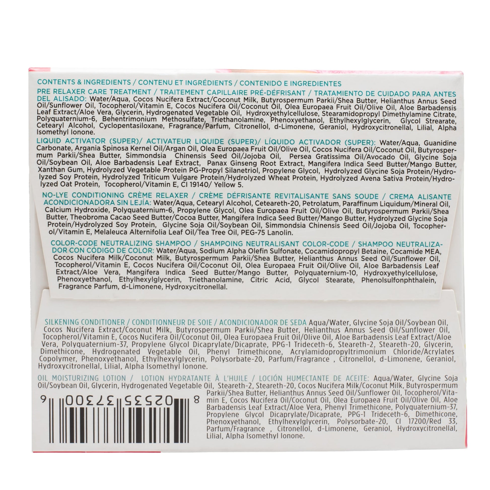 Unboxing angle of the complete single application super strength relaxer kit showing internal product components.