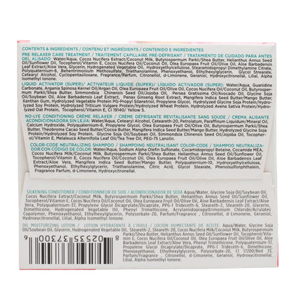Unboxing angle of the complete single application super strength relaxer kit showing internal product components.