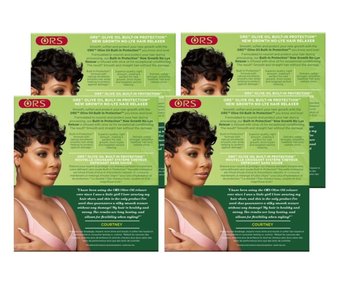 ORS no-lye hair relaxer normal strength pack of four boxes arranged neatly.
