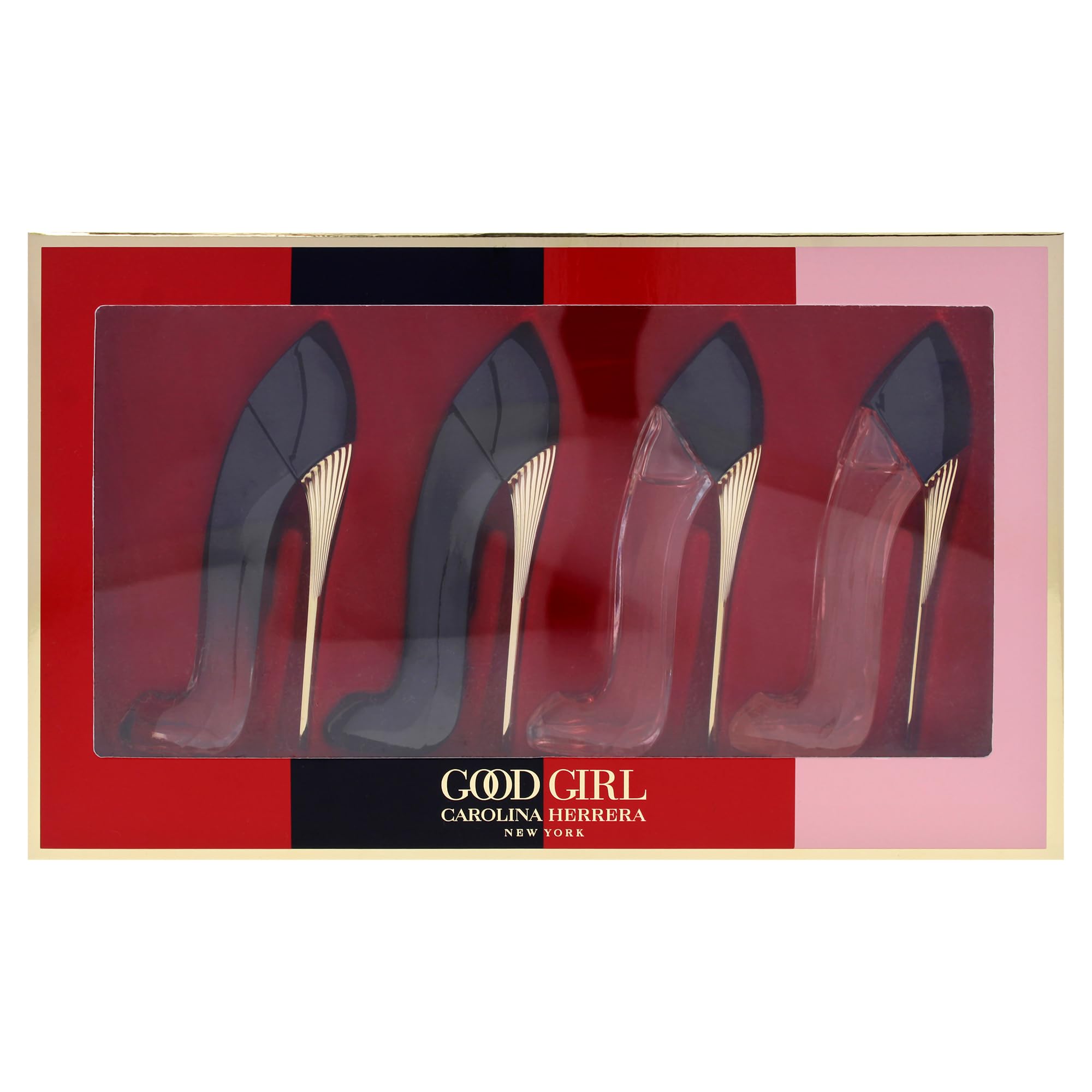 Close up of Carolina Herrera Good Girl mini fragrance bottles