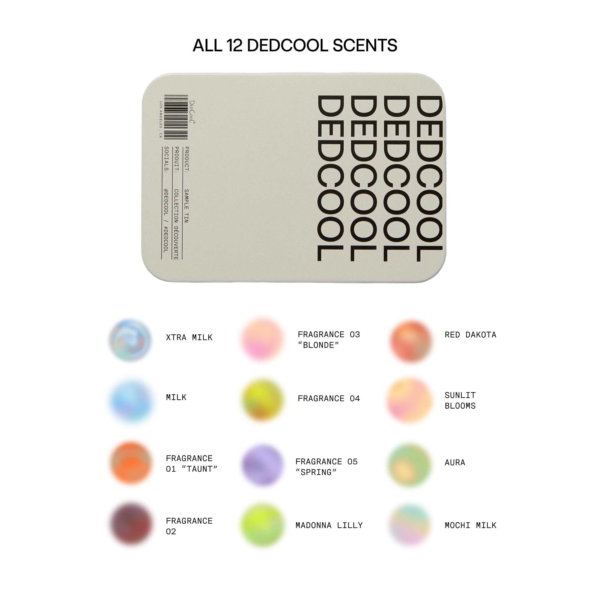 Close up of DedCool travel size perfume vials in a luxury sample set.