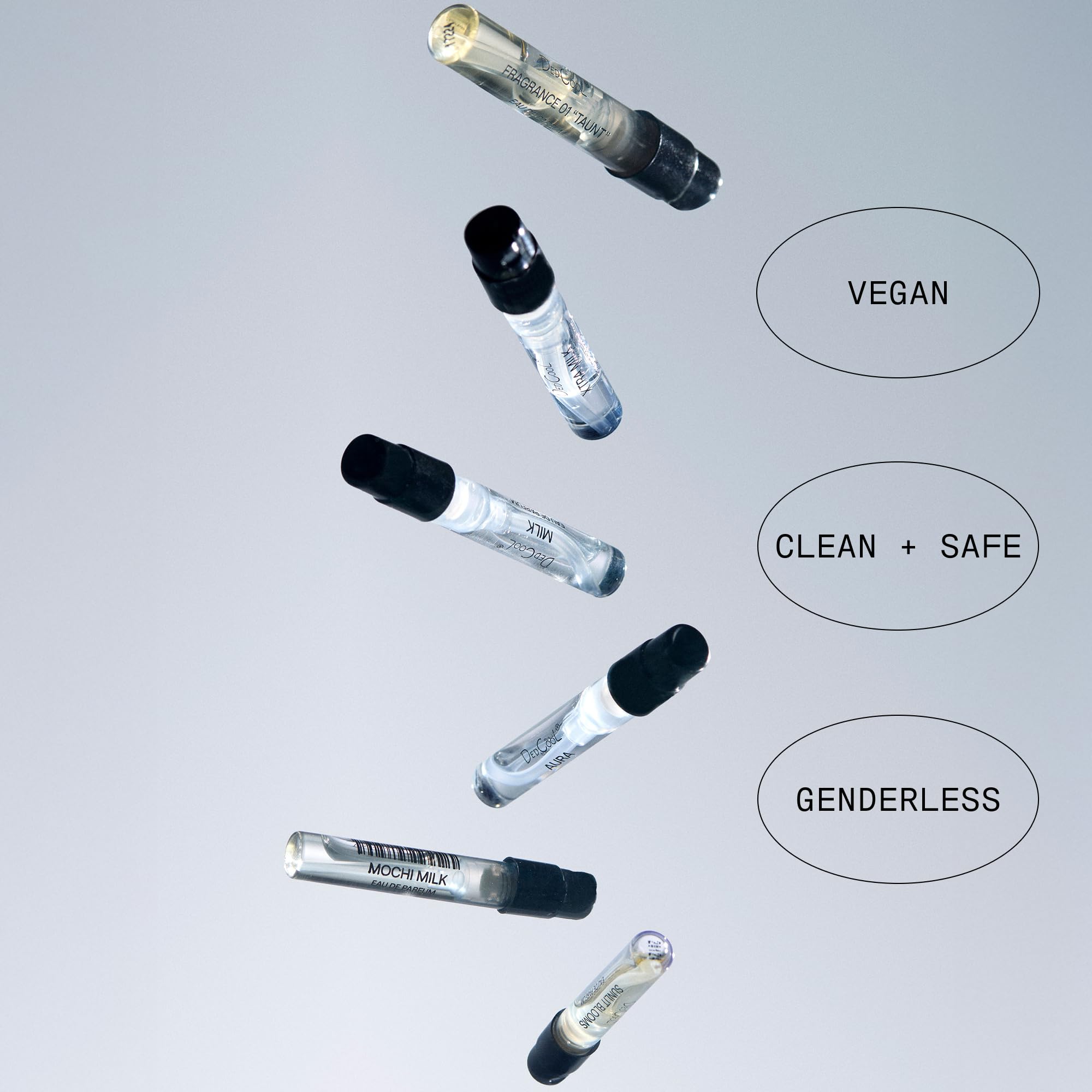Six individual DedCool scent samples displayed outside the metal tin.